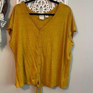Mustard Button Down Top with Front Tie Knot 1X